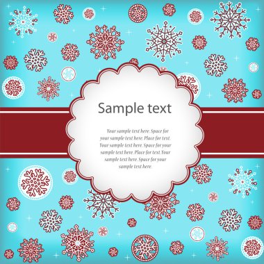 Template design congratulatory Christmas or New Year's card with snowflakes and space for text. clipart