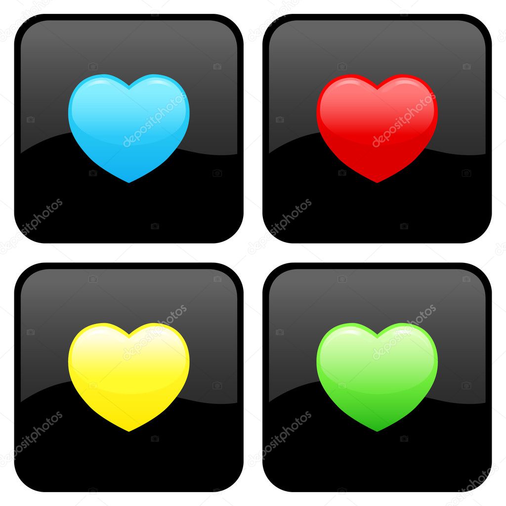 Heart (valentine) black icons set. Red, blue, yellow and green. Vector.