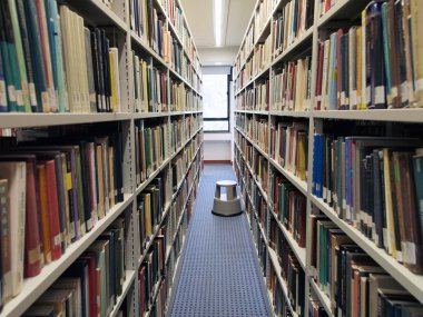 Bookshelves with books in university library clipart