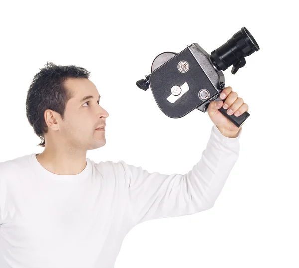 흰색 배경에 고립 된 카메라 맨 — 스톡 사진