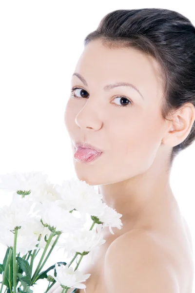 Güzel beyaz bir çiçek olan seksi bir kadın portresi. — Stok fotoğraf