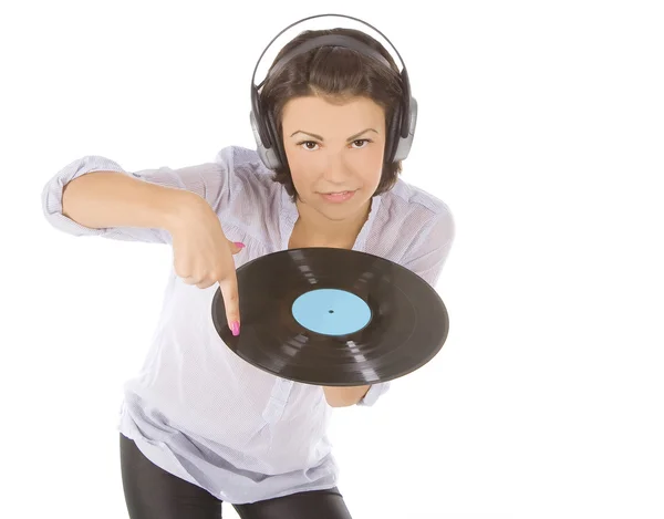 Happy brunette in headphone with vinyl record over white — Stok Foto