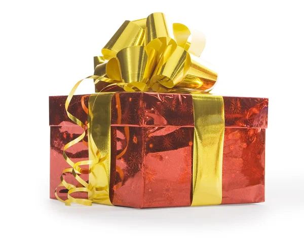 Red gift with ellow ribbon isolated over white — Stock Photo, Image