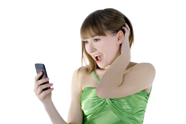 Imagem brilhante de mulher feliz com telefone celular — Fotografia de Stock