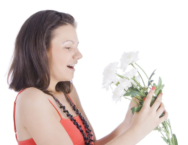 Красивый портрет молодой сексуальной женщины с белым цветком . — стоковое фото