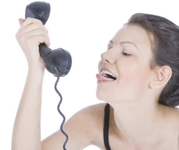 Helder Beeld Van Plezier Brunette Tong Aan Telefoon Tonen — Stockfoto