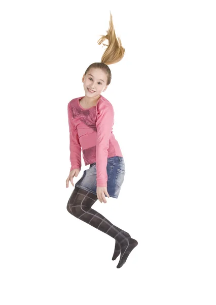 Joven Chica Excitada Saltando Aislado Sobre Fondo Blanco —  Fotos de Stock