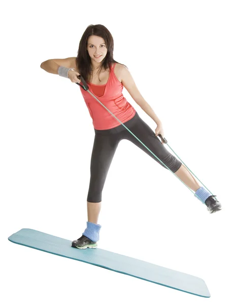 Attraktiv Ung Kvinna Med Fitness Expander Stretching — Stockfoto