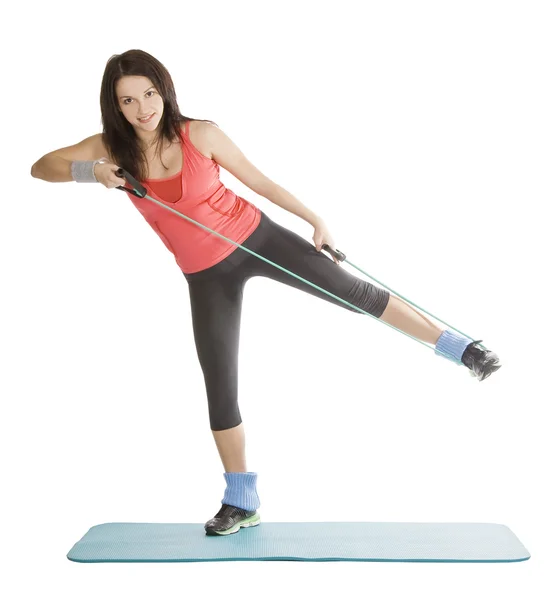 Attraktiv Ung Kvinna Med Fitness Expander Stretching — Stockfoto