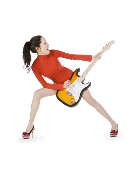 Сексуальная Молодая Женщина Позирует Гитарой Поверх Белого — стоковое фото