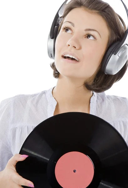 Happy Brunette Headphones Vinyl Record White — Stock Photo, Image