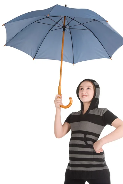 Young blonde girl standing and holding blue umbrella — Stock Photo, Image
