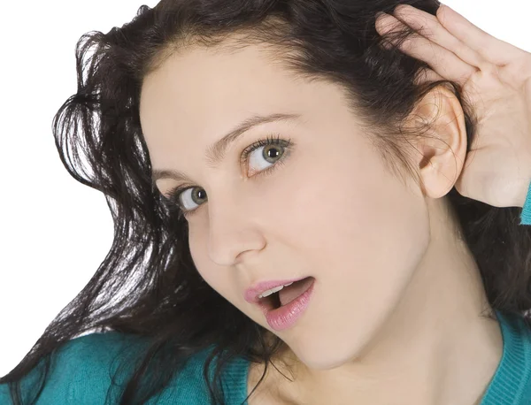 Jasný obrázek mladá bruneta naslouchající drby — Stock fotografie