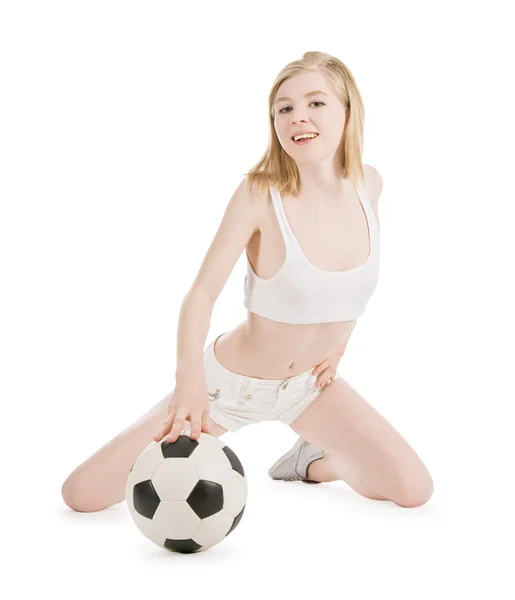 Luminosa foto di donna sexy con pallone da calcio su bianco — Foto Stock