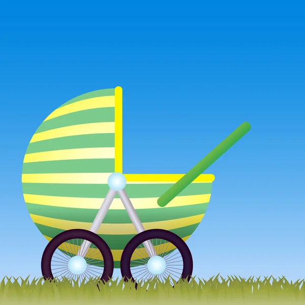 Baby Carriage on the meadow with the blue sky behind. — Stock Vector
