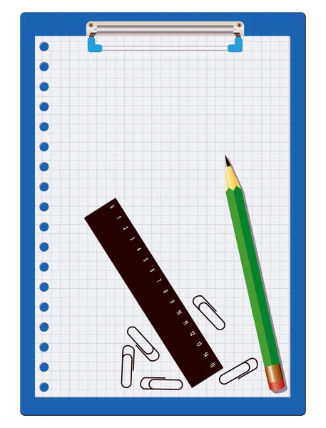 Clipboard, lápis e régua sobre um fundo branco — Vetor de Stock
