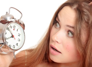 Unhappy girl waking up too late clipart