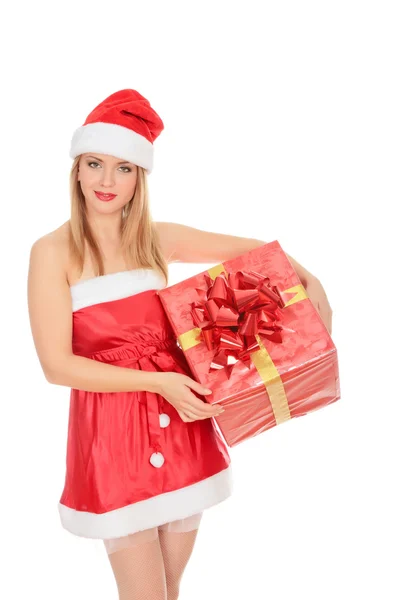 Allegro Babbo Natale aiutante ragazza con confezione regalo — Foto Stock