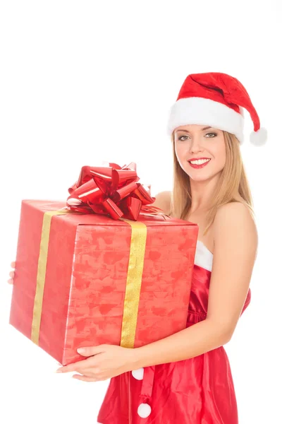 Vrolijke santa helper meisje met grote geschenkverpakking — Stockfoto