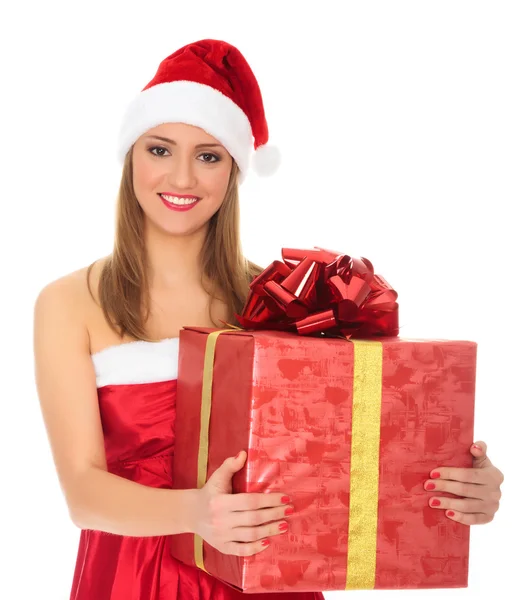 Glad santa helper tjej med stora presentförpackning. — Stockfoto