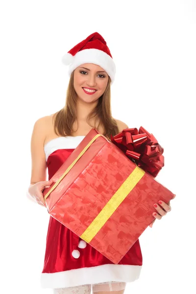 Allegro Babbo Natale aiutante ragazza con grande confezione regalo . — Foto Stock