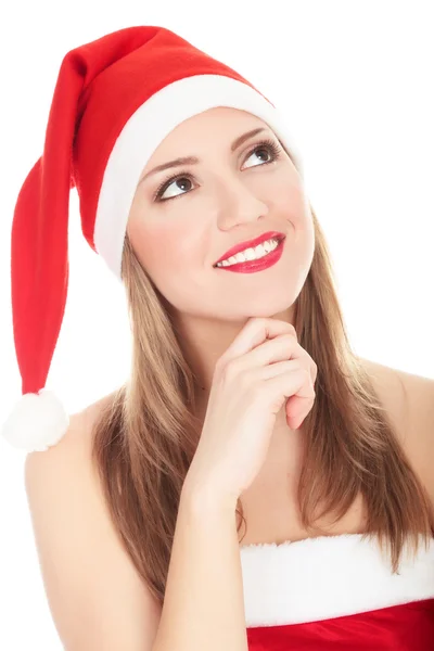 Bella giovane donna in rosso con cappello da Babbo Natale . — Foto Stock