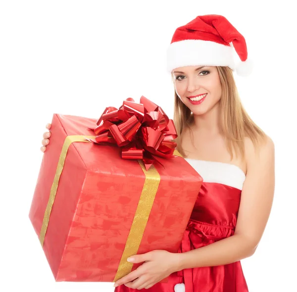 Cheerful santa helper girl with big gift box Stock Image