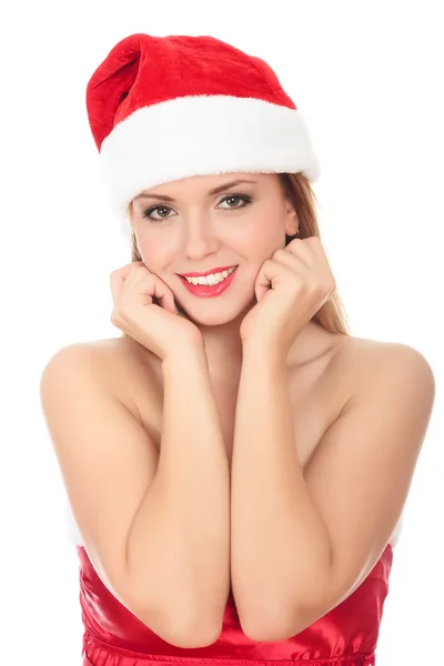 Bela jovem mulher no vermelho vestindo santa chapéu . — Fotografia de Stock