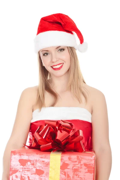 Glad santa helper flicka med presentask — Stockfoto