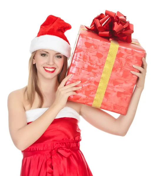 Alegre santa ayudante chica con gran caja de regalo en su hombro —  Fotos de Stock
