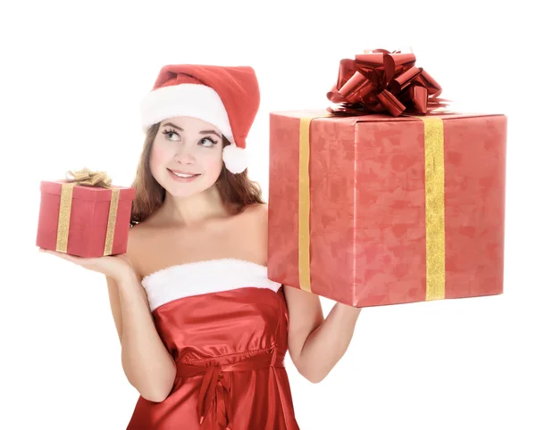Fröhliches Weihnachtsmann-Helfermädchen mit Geschenkboxen. — Stockfoto