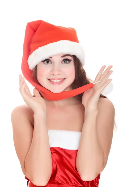 Attraktive lächelnde Frau mit Weihnachtsmütze — Stockfoto