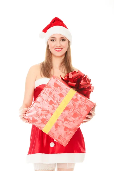 Fröhliches Weihnachtsmann-Helfermädchen mit großer Geschenkbox. — Stockfoto