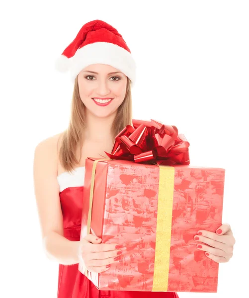 Fröhliches Weihnachtsmann-Helfermädchen mit großer Geschenkbox — Stockfoto
