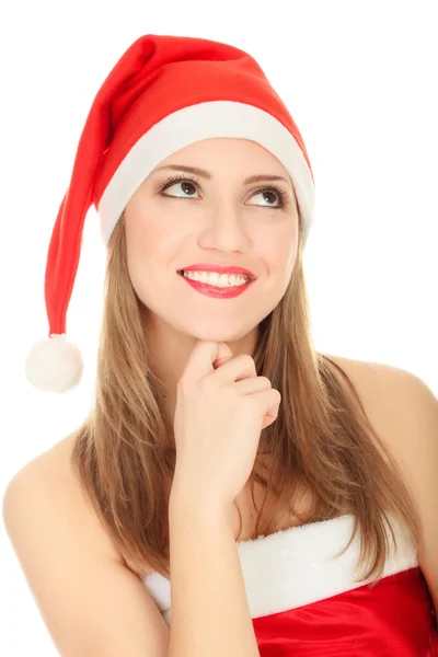 Krásná mladá žena v červeném klobouk santa — Stock fotografie