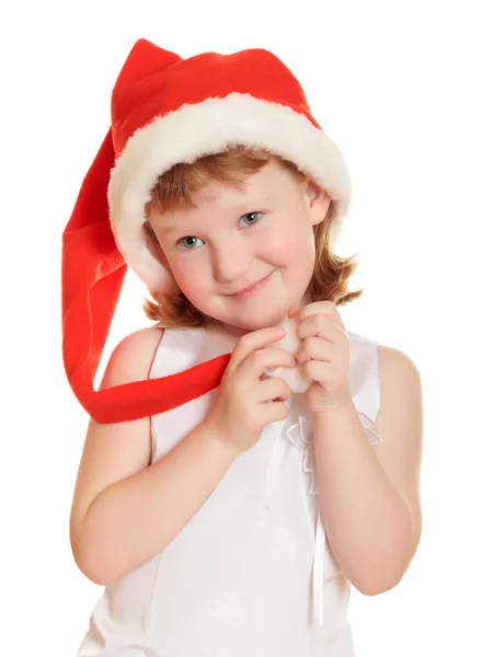 Retrato de chica bonita de Navidad en vestido blanco y sombrero de santa —  Fotos de Stock