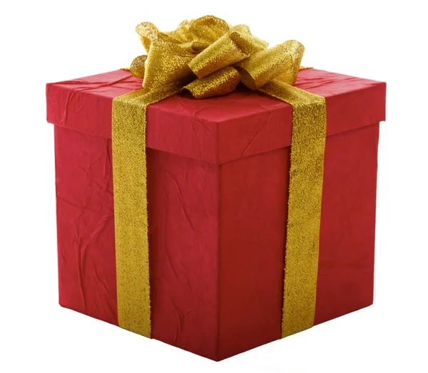 Red gift box with gold bow — Stock Photo, Image