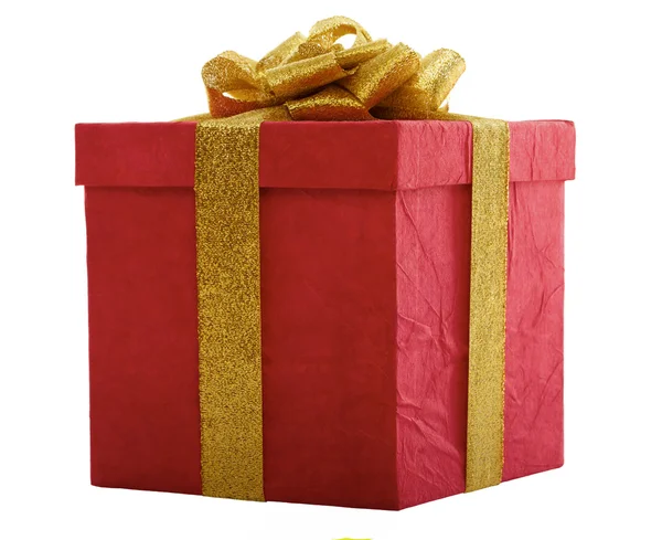 Boîte cadeau rouge avec arc en or — Photo