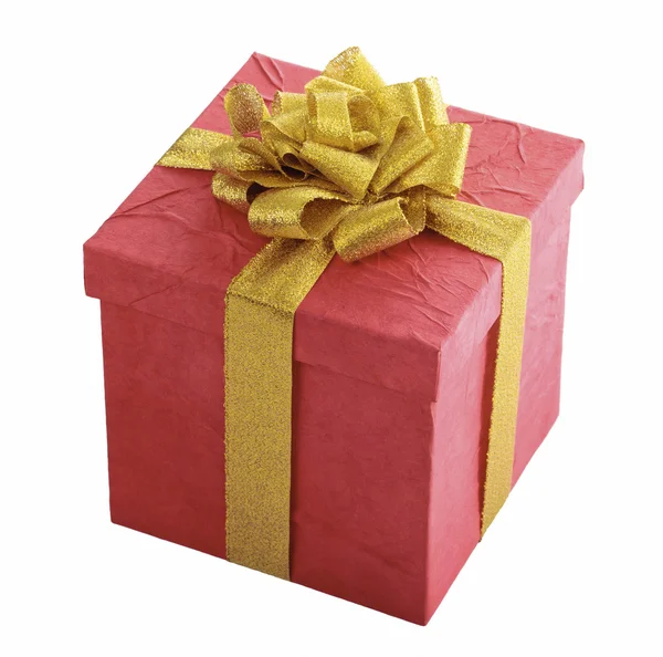 Red gift box with gold bow — Stock Photo, Image