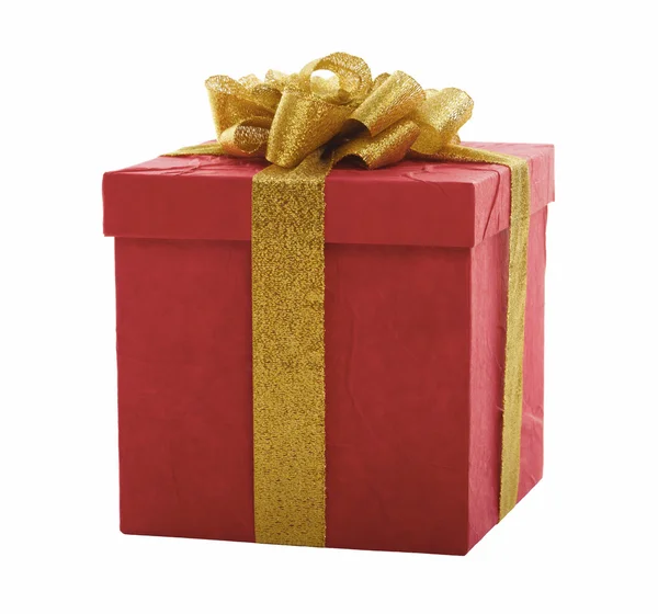 Caja de regalo roja con arco de oro —  Fotos de Stock