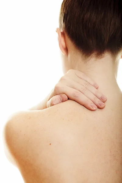 Woman Massaging Pain Back Isolated White Background — Stock Photo, Image