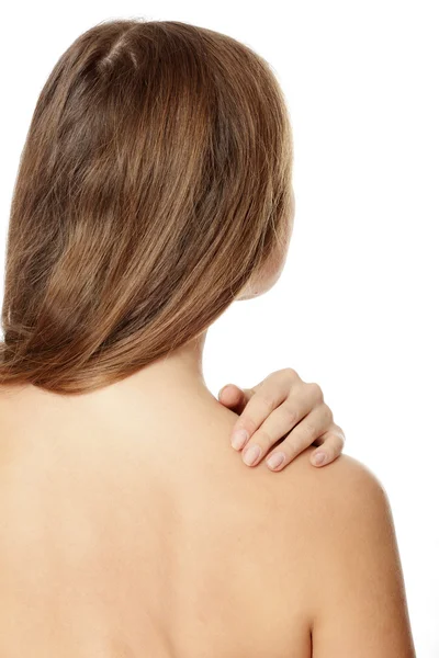 腰痛マッサージ 後ろから背中の痛みを持つ白人女性 — ストック写真