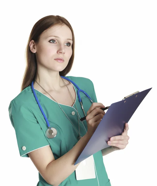 Female Doctor Wearing Green Uniform Holding Clipboard Medical Paperwork Royalty Free Stock Images