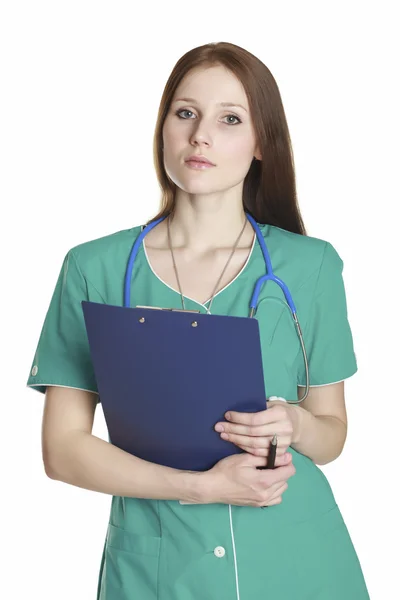 Kvinna läkare på vit bakgrund — Stockfoto