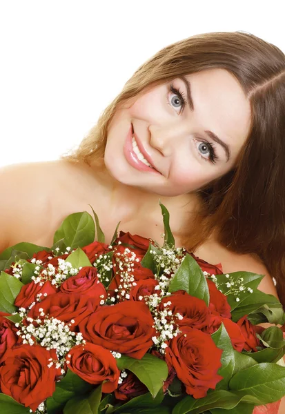 用玫瑰 孤立的白色背景上的女人 — 图库照片