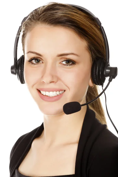 Schöne Kundendienstmitarbeiterin Mit Headset Isoliert Auf Weißem Hintergrund — Stockfoto
