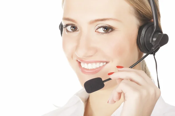 Hermosa Mujer Operador Servicio Cliente Con Auriculares Aislado Sobre Fondo —  Fotos de Stock