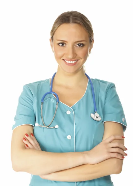 Médico Sorridente Mulher Com Estetoscópio Isolado Sobre Fundo Branco — Fotografia de Stock