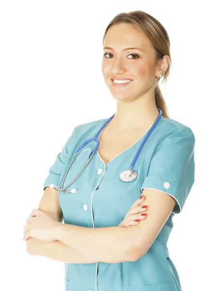 Medico Sorridente Donna Con Stetoscopio Isolato Sfondo Bianco — Foto Stock
