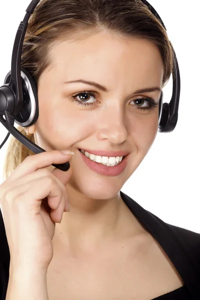 Schöne Kundendienstmitarbeiterin Mit Headset Isoliert Auf Weißem Hintergrund — Stockfoto